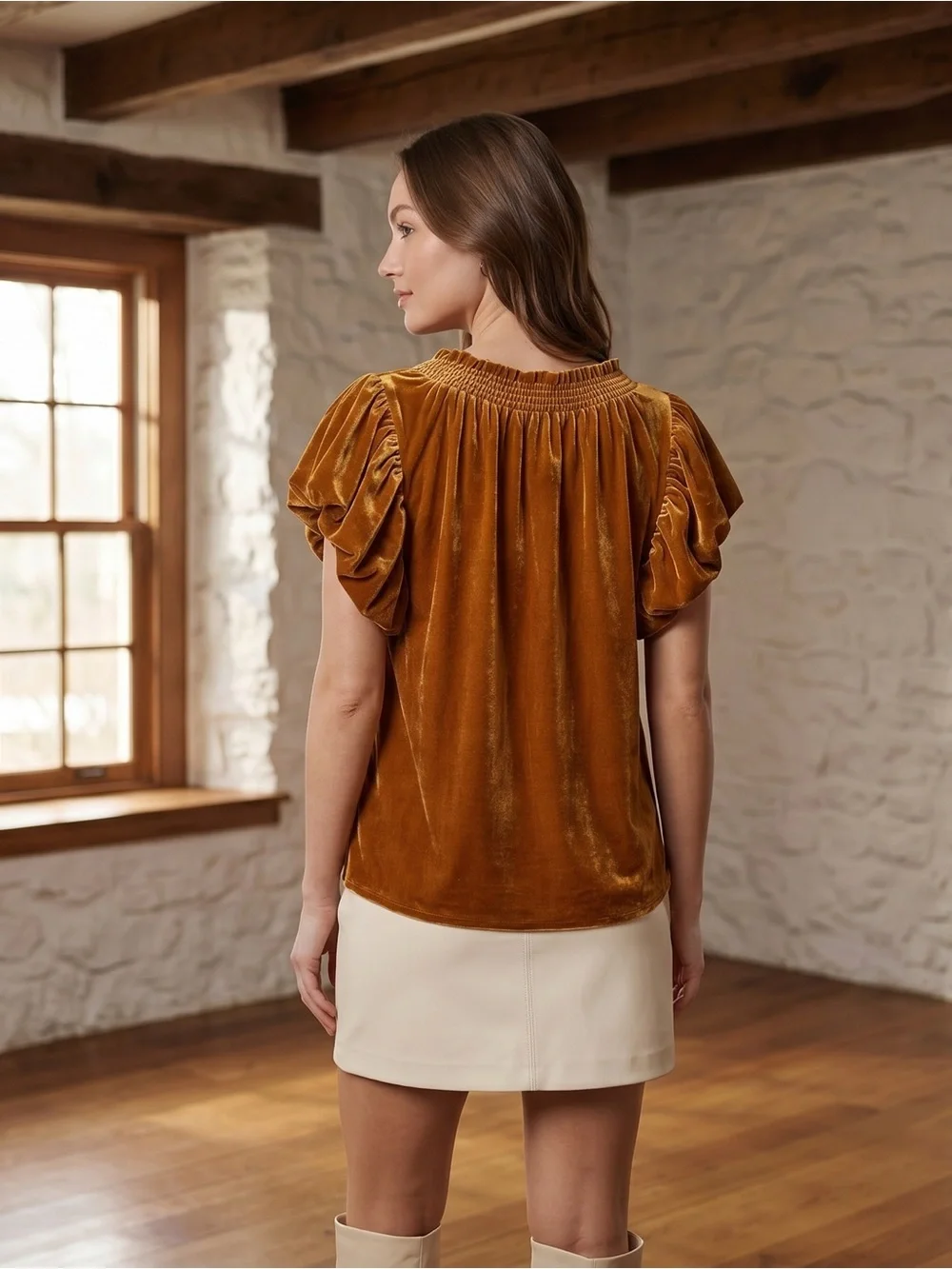 Free People Velvet Tie-Neck Puff Sleeve Top - Rust